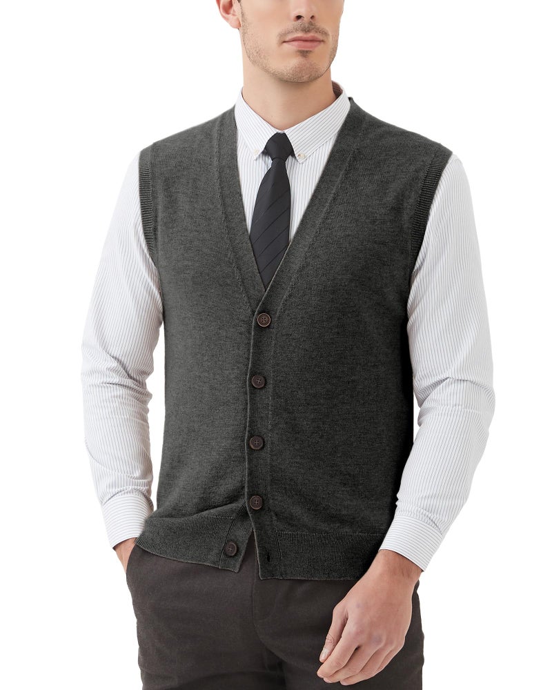 Kallspin Men's Sweater Vest Wool Blend V-Neck Button Sleeveless Cardigan Vest Sweater (Charcoal, X-Large) - Image 1